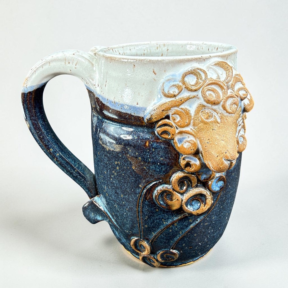 Handmade Studio Pottery Sheep Relief Mug Blue White Glazed Signed 5in 2016